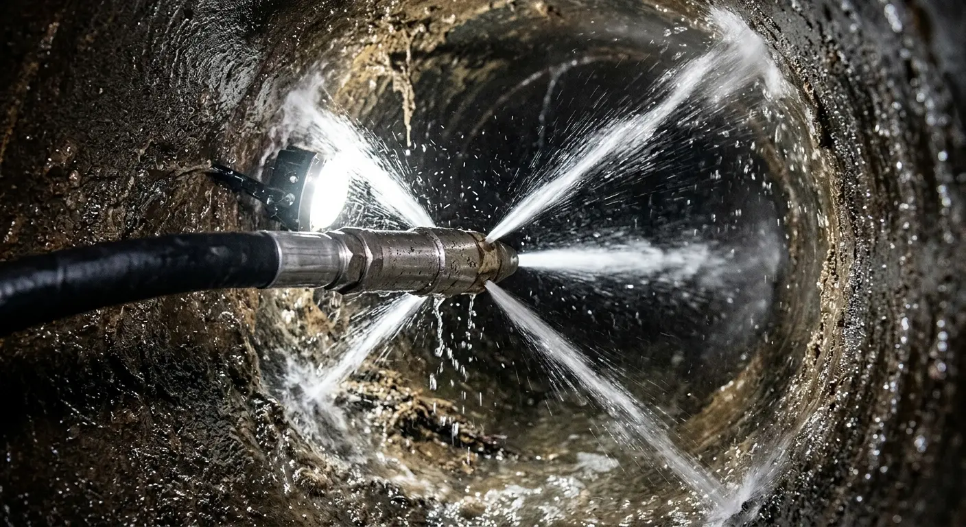 High-pressure hydro jetting nozzle cleaning sewer pipe for Emergency Drain Service in Bryn Mawr-Skyway