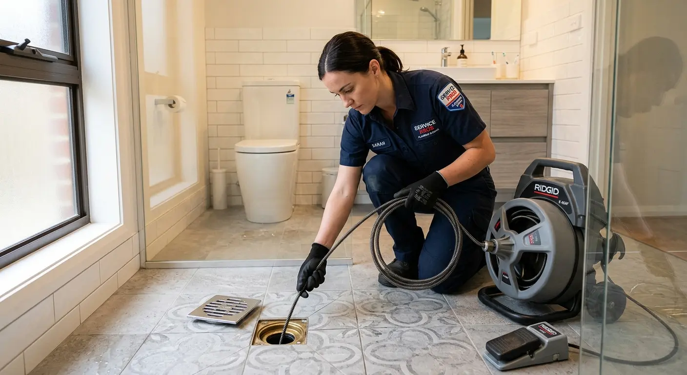 Technician clearing a bathroom floor drain for Sewer Line Replacement in Bryn Mawr-Skyway